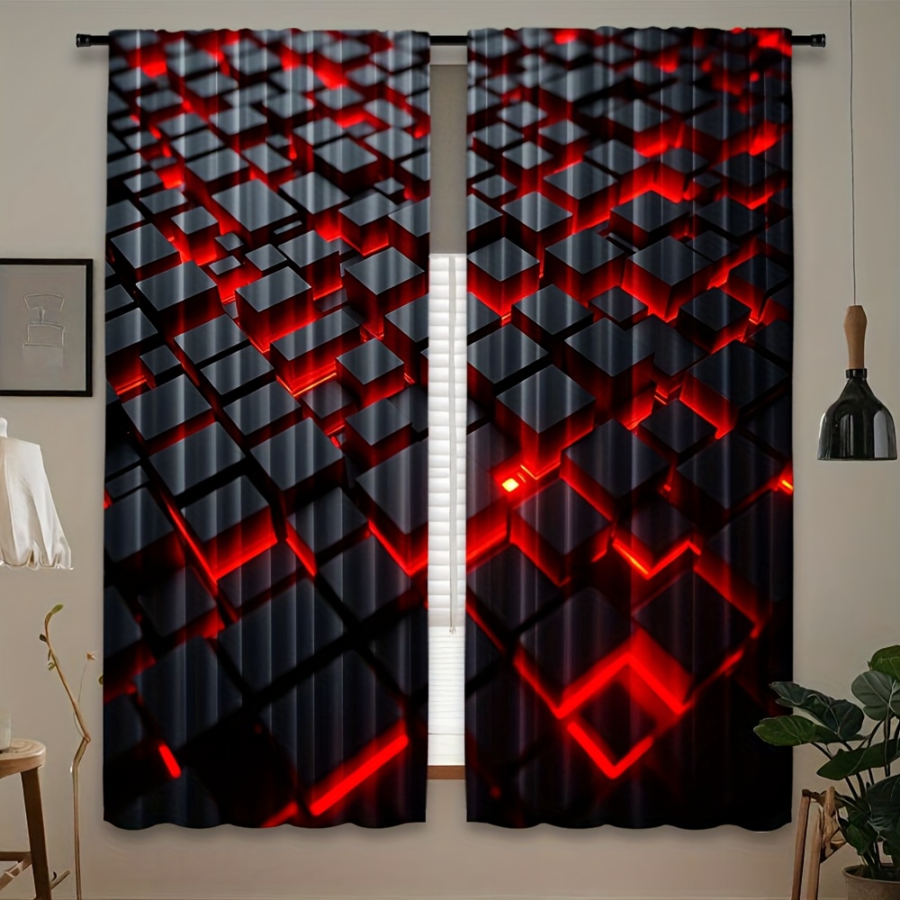 Tech Office Youtube - 2pcs Geometric Curtains Red Black 3D